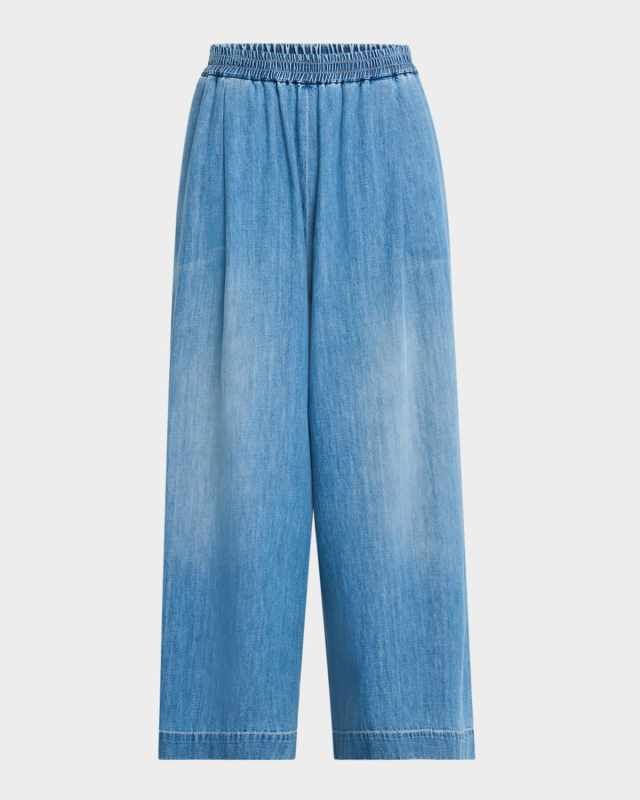 Pleated Wide-Leg Cotton Chambray Trousers